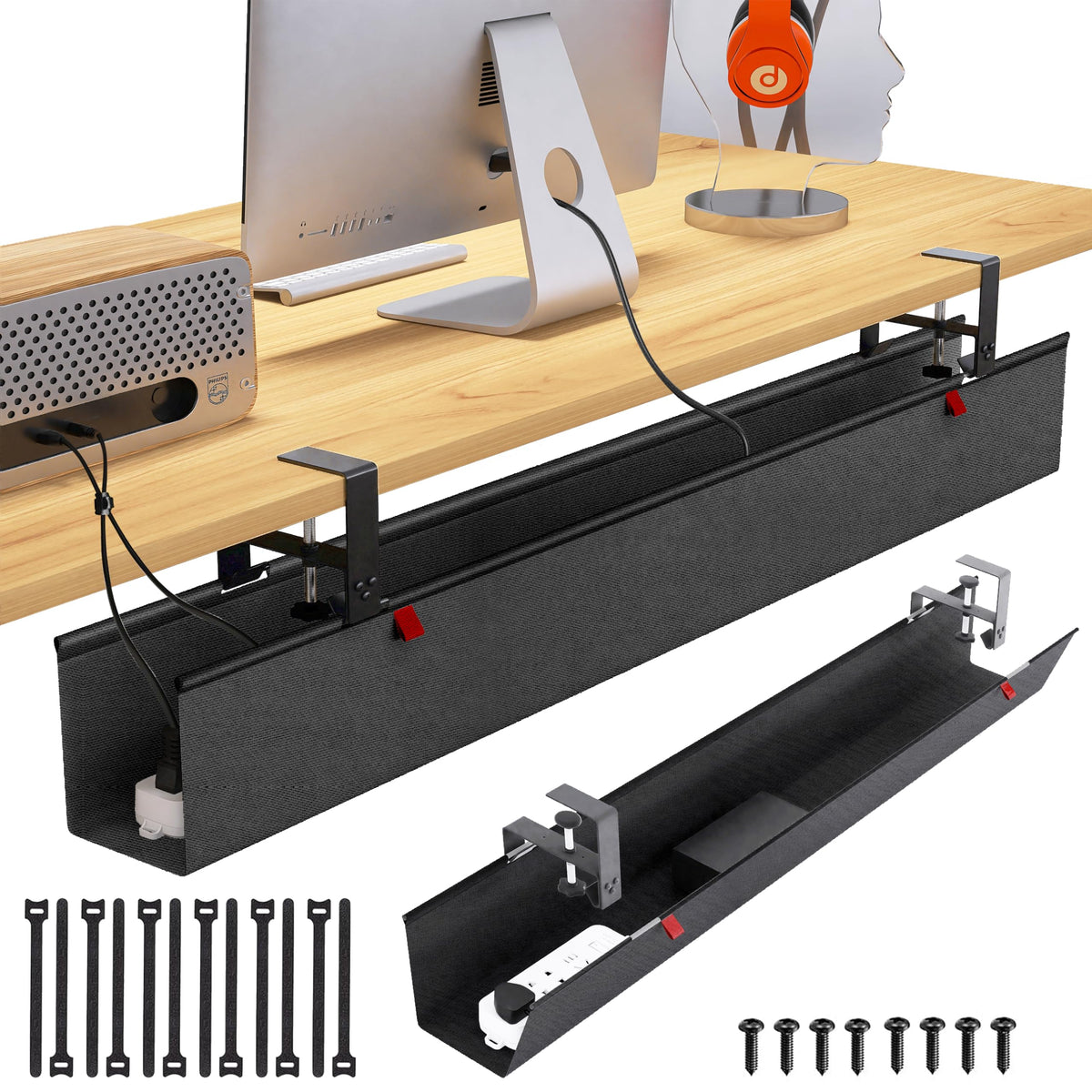 Under Desk Cable Management Tray - Under Desk Cord Management - Clamp/Screw Mount - Fabric Wire Management - Cable Raceways Tray Cord Hiders for Office/Home (Black, 35.8"×5.6")