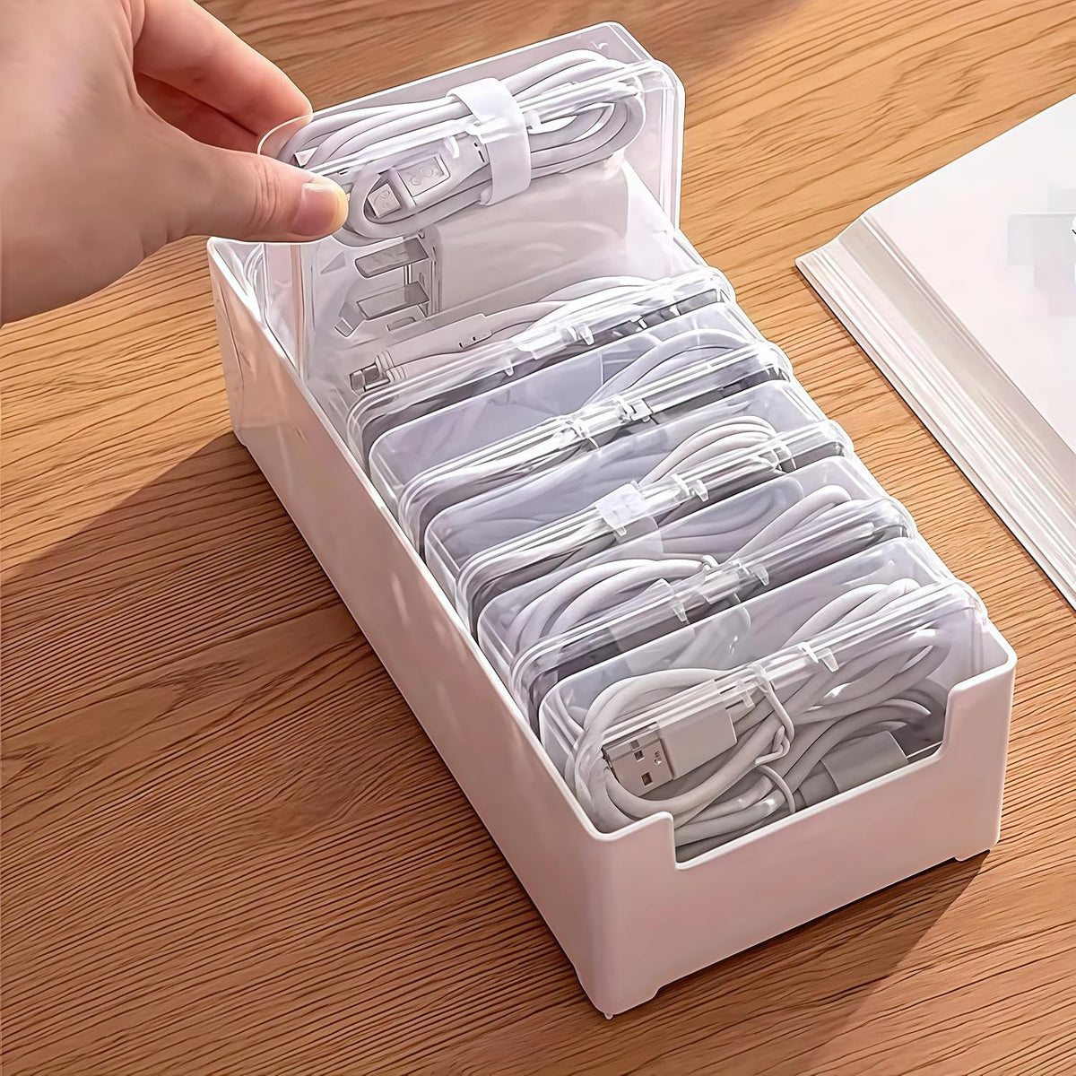11 Grid Clear Cable Organizer Box with Switch for Desktop Cord Storage