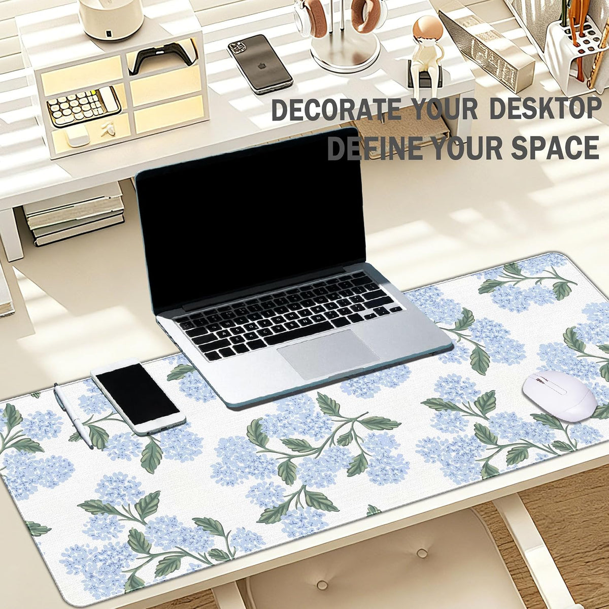 UTELKA Blue Desk Mat, Flroal Desk Matt for Desktop Mouse Pad 31.5x11.8